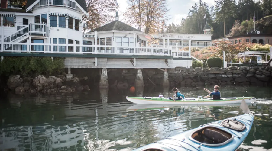 Our kayak dock in front of Madron Bar and Grill at the historic Roche Harbor Resort