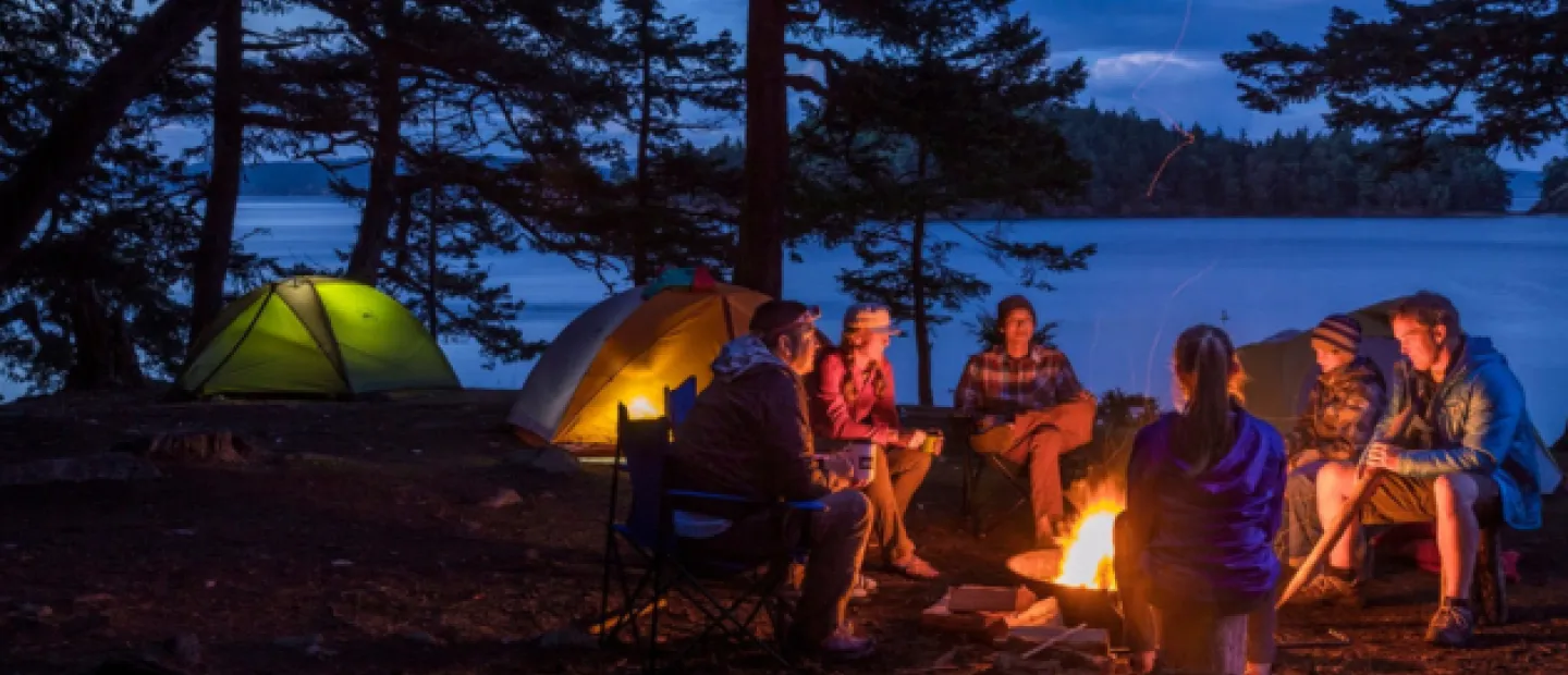 Group camping at night in the San Juan Islands