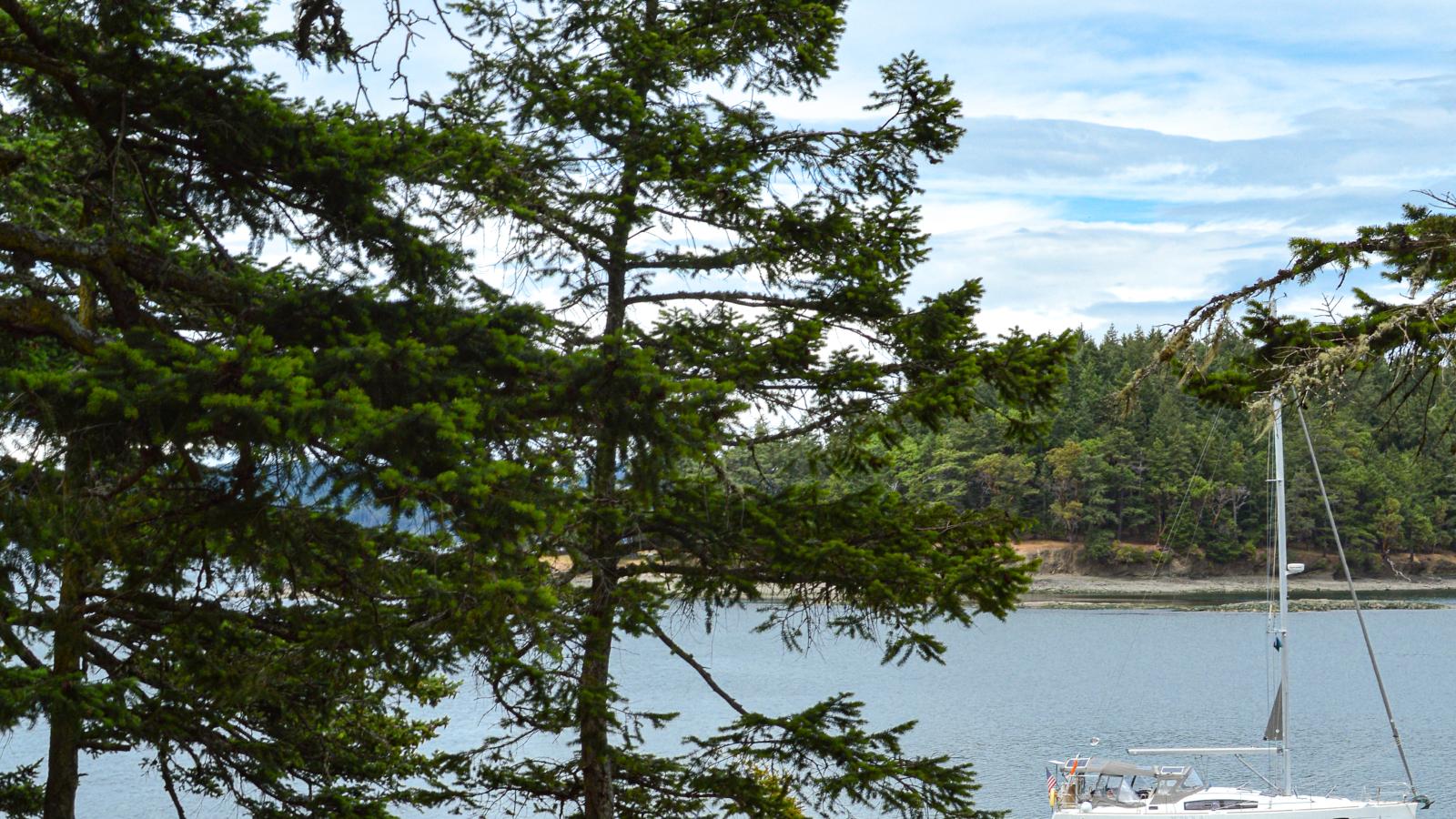 Tent camping on Stuart Island with a sailboat in the background