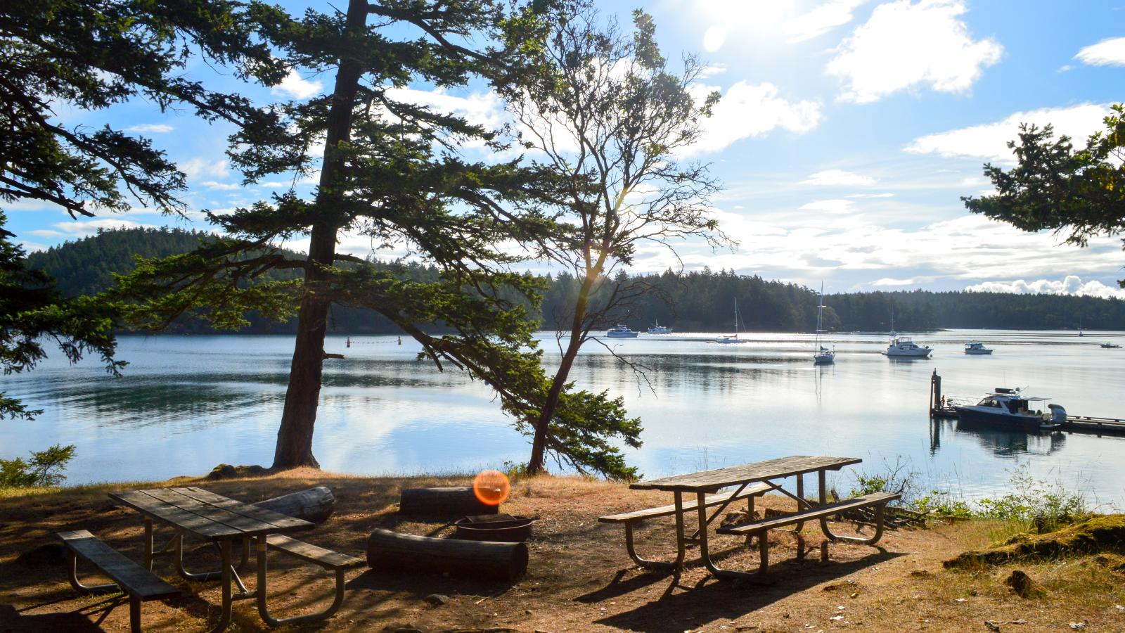 Campsite on Stuart Island with picnic tables and a firepit
