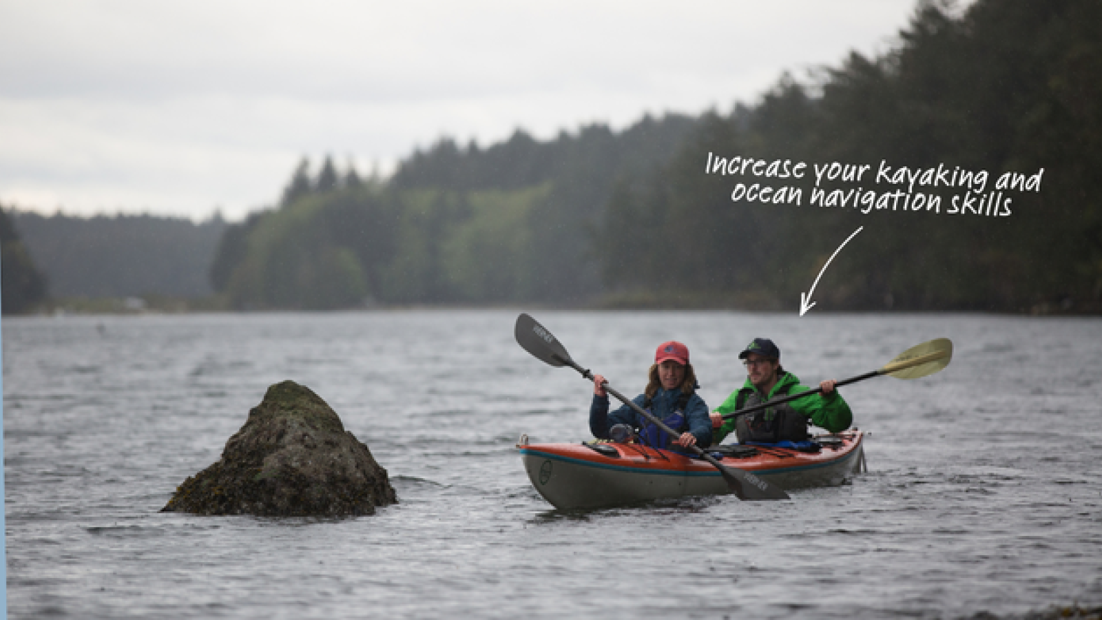 2 people paddling in a tandem sea kayak