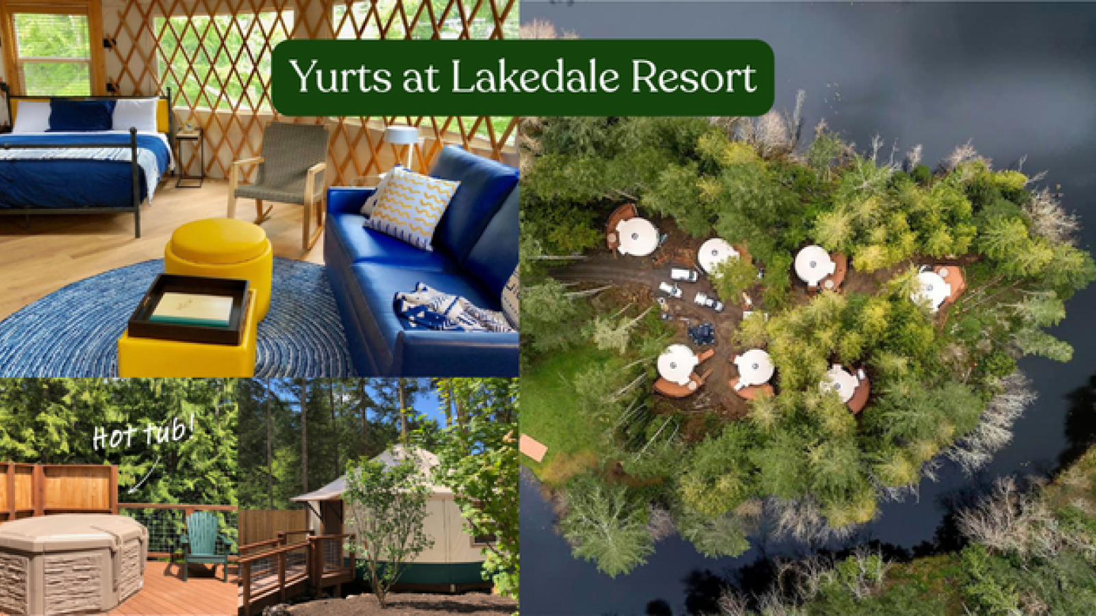 Several photos of the Lakedale Resort Yurt accommodations